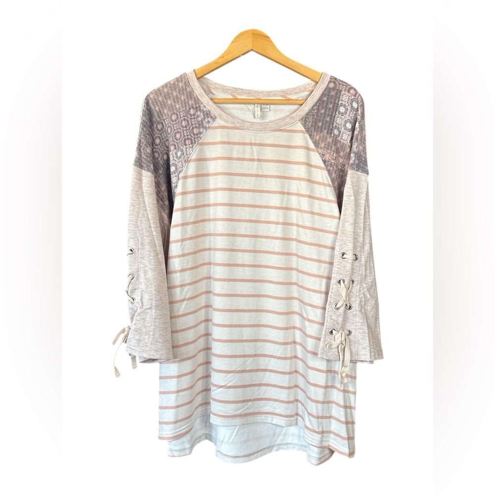 Cato Cream and Blush Striped Long Sleeve Tee with Lace-Up Sleeves